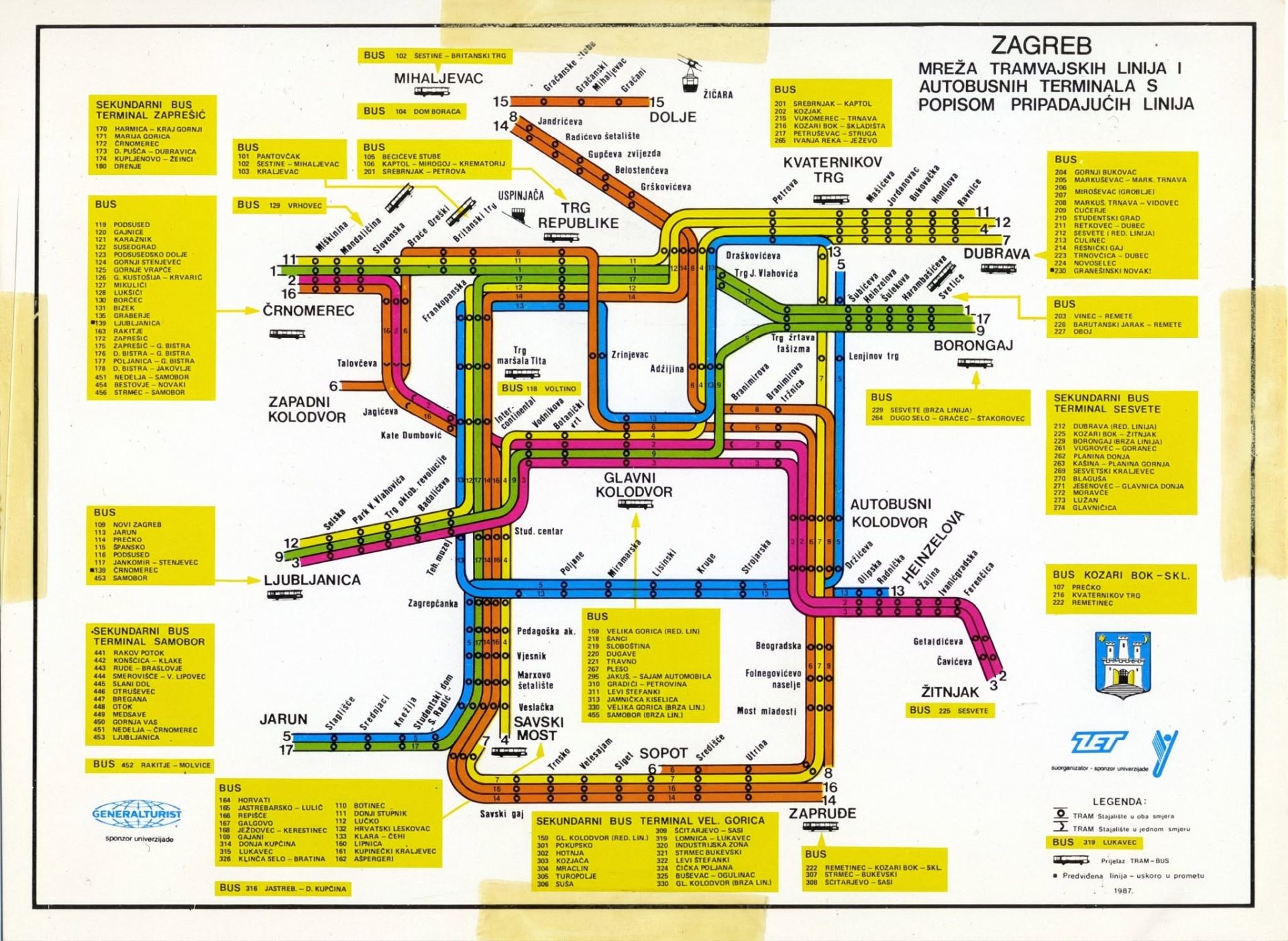 Tramvajske linije i autobusnie terminali 1987. godine